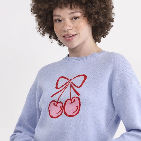 No Boundaries Baby Blue Sweater with Red Cherry Design - Picture 3 of 10